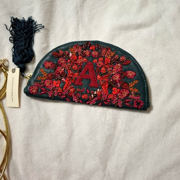 Anthropologie Anna Harlow Russo Monogram A Clutch Beaded Sequin Leather Green - Picture 2 of 12